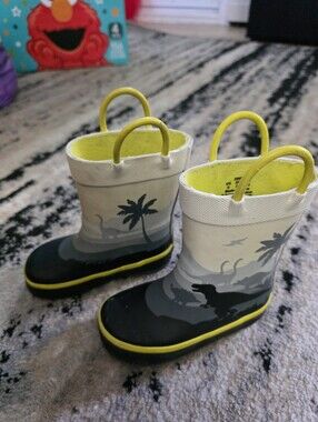 Kids Dinosaur Rain Boots in Beige and Black with Yellow Trim